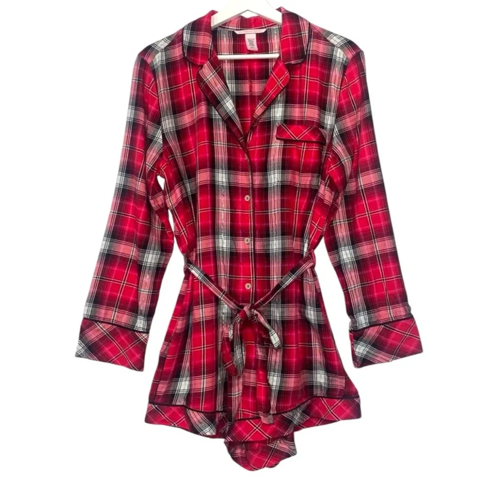 Victoria’s Secret Red Plaid Flannel Sleep Romper Silver Threads Sz Small NEW - Picture 2 of 12